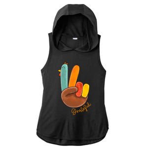 Peace Love Turkey Grateful Turkey Hand Sign Thanksgiving Gift Ladies PosiCharge Tri-Blend Wicking Draft Hoodie Tank