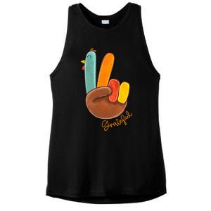 Peace Love Turkey Grateful Turkey Hand Sign Thanksgiving Gift Ladies PosiCharge Tri-Blend Wicking Tank