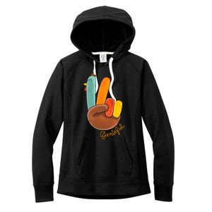 Peace Love Turkey Grateful Turkey Hand Sign Thanksgiving Gift Women's Fleece Hoodie