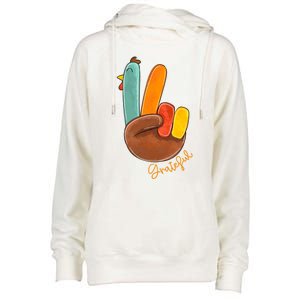 Peace Love Turkey Grateful Turkey Hand Sign Thanksgiving Gift Womens Funnel Neck Pullover Hood