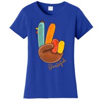 Peace Love Turkey Grateful Turkey Hand Sign Thanksgiving Gift Women's T-Shirt