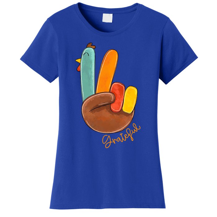 Peace Love Turkey Grateful Turkey Hand Sign Thanksgiving Gift Women's T-Shirt