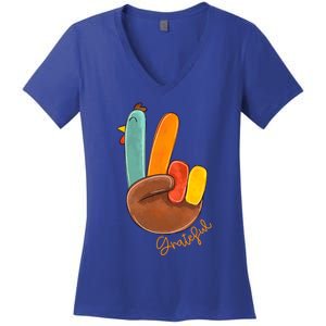 Peace Love Turkey Grateful Turkey Hand Sign Thanksgiving Gift Women's V-Neck T-Shirt