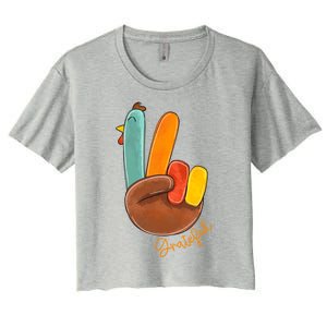 Peace Love Turkey Grateful Turkey Hand Sign Thanksgiving Gift Women's Crop Top Tee