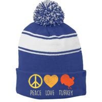 Peace Love Turkey Funny Thanksgiving Day Hippie Hippy Gift Stripe Pom Pom Beanie