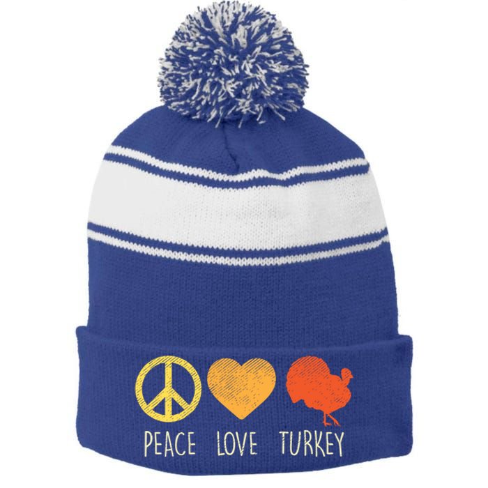 Peace Love Turkey Funny Thanksgiving Day Hippie Hippy Gift Stripe Pom Pom Beanie