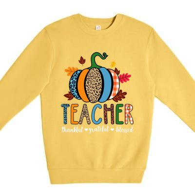 Pumpkin Leopard Teacher Thankful Grateful Blessed Gift Premium Crewneck Sweatshirt