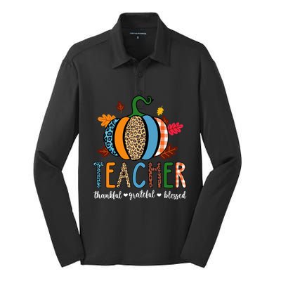 Pumpkin Leopard Teacher Thankful Grateful Blessed Gift Silk Touch Performance Long Sleeve Polo