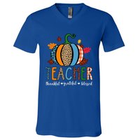 Pumpkin Leopard Teacher Thankful Grateful Blessed Gift V-Neck T-Shirt