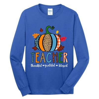 Pumpkin Leopard Teacher Thankful Grateful Blessed Gift Tall Long Sleeve T-Shirt