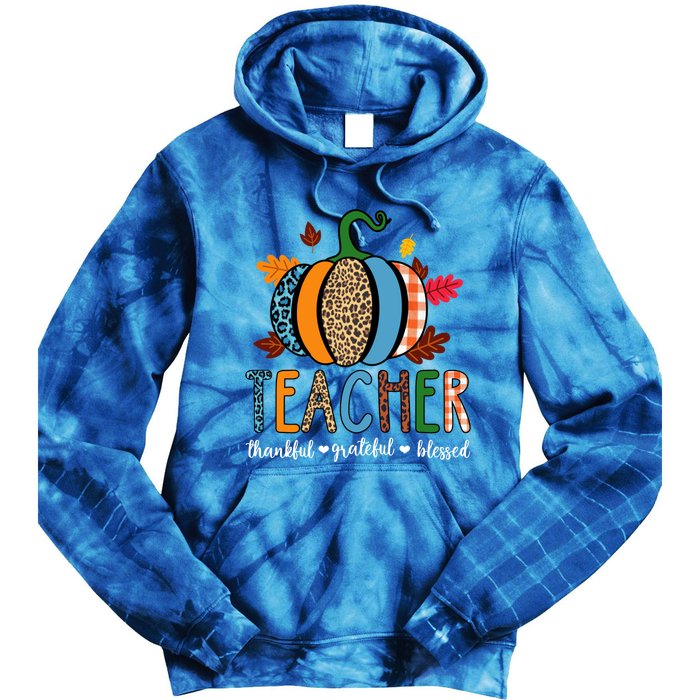 Pumpkin Leopard Teacher Thankful Grateful Blessed Gift Tie Dye Hoodie