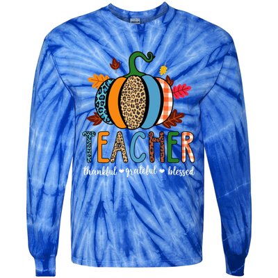 Pumpkin Leopard Teacher Thankful Grateful Blessed Gift Tie-Dye Long Sleeve Shirt