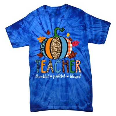 Pumpkin Leopard Teacher Thankful Grateful Blessed Gift Tie-Dye T-Shirt