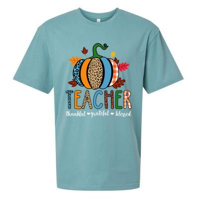 Pumpkin Leopard Teacher Thankful Grateful Blessed Gift Sueded Cloud Jersey T-Shirt