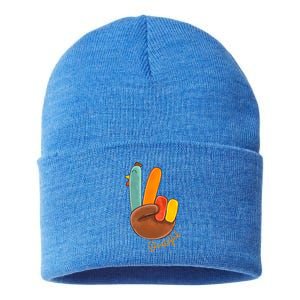 Peace Love Turkey Grateful Turkey Hand Sign Thanksgiving Cool Gift Sustainable Knit Beanie