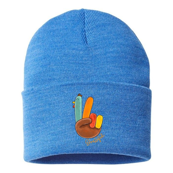 Peace Love Turkey Grateful Turkey Hand Sign Thanksgiving Cool Gift Sustainable Knit Beanie