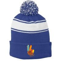 Peace Love Turkey Grateful Turkey Hand Sign Thanksgiving Cool Gift Stripe Pom Pom Beanie