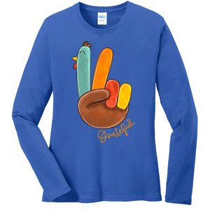 Peace Love Turkey Grateful Turkey Hand Sign Thanksgiving Cool Gift Ladies Long Sleeve Shirt