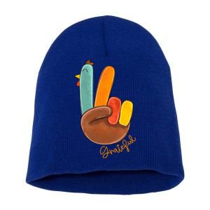 Peace Love Turkey Grateful Turkey Hand Sign Thanksgiving Cool Gift Short Acrylic Beanie