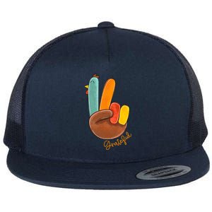 Peace Love Turkey Grateful Turkey Hand Sign Thanksgiving Cool Gift Flat Bill Trucker Hat