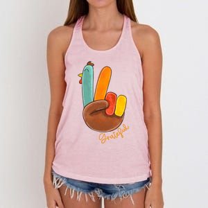 Peace Love Turkey Grateful Turkey Hand Sign Thanksgiving Cool Gift Women's Knotted Racerback Tank