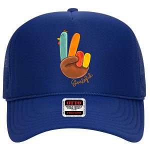 Peace Love Turkey Grateful Turkey Hand Sign Thanksgiving Cool Gift High Crown Mesh Back Trucker Hat