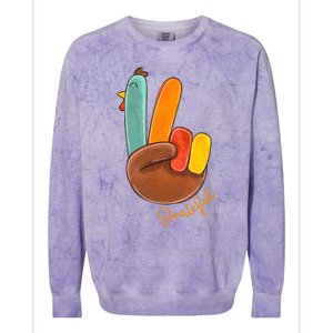 Peace Love Turkey Grateful Turkey Hand Sign Thanksgiving Cool Gift Colorblast Crewneck Sweatshirt