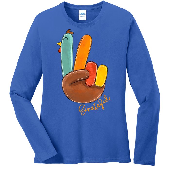 Peace Love Turkey Grateful Turkey Hand Sign Thanksgiving Cool Gift Ladies Long Sleeve Shirt