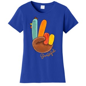 Peace Love Turkey Grateful Turkey Hand Sign Thanksgiving Cool Gift Women's T-Shirt