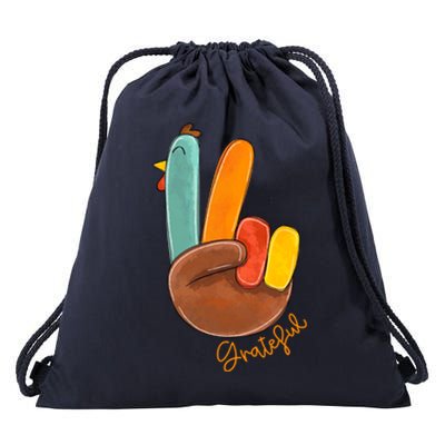 Peace Love Turkey Grateful Turkey Hand Sign Thanksgiving Cool Gift Drawstring Bag