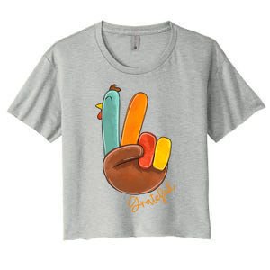 Peace Love Turkey Grateful Turkey Hand Sign Thanksgiving Cool Gift Women's Crop Top Tee