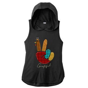 Peace Love Turkey Grateful Turkey Hand Sign Thanksgiving Ladies PosiCharge Tri-Blend Wicking Draft Hoodie Tank