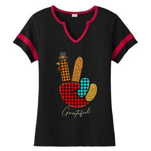 Peace Love Turkey Grateful Turkey Hand Sign Thanksgiving Ladies Halftime Notch Neck Tee