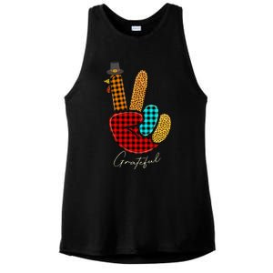 Peace Love Turkey Grateful Turkey Hand Sign Thanksgiving Ladies PosiCharge Tri-Blend Wicking Tank