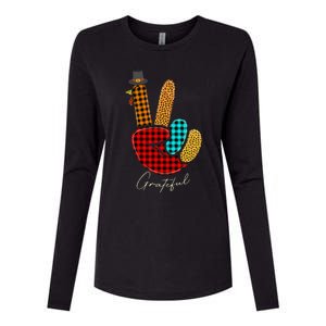 Peace Love Turkey Grateful Turkey Hand Sign Thanksgiving Womens Cotton Relaxed Long Sleeve T-Shirt