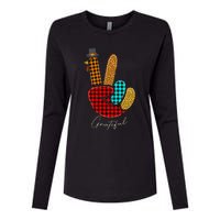 Peace Love Turkey Grateful Turkey Hand Sign Thanksgiving Womens Cotton Relaxed Long Sleeve T-Shirt