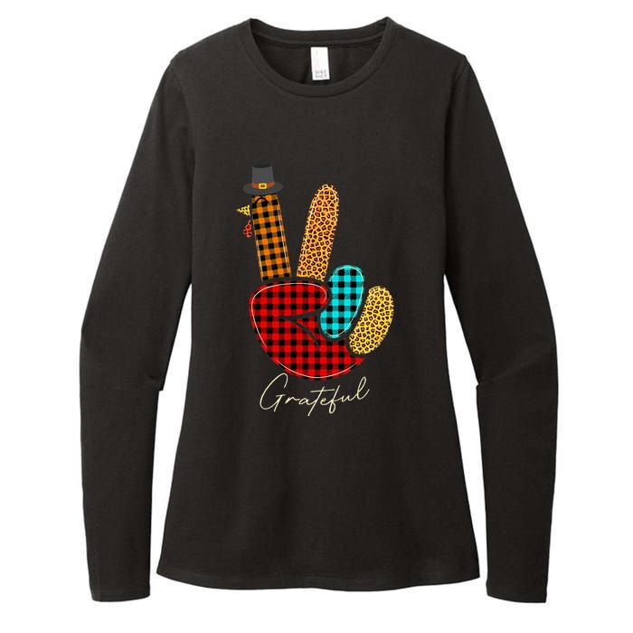 Peace Love Turkey Grateful Turkey Hand Sign Thanksgiving Womens CVC Long Sleeve Shirt