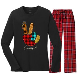 Peace Love Turkey Grateful Turkey Hand Sign Thanksgiving Women's Long Sleeve Flannel Pajama Set 