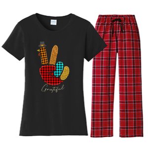 Peace Love Turkey Grateful Turkey Hand Sign Thanksgiving Women's Flannel Pajama Set