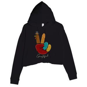 Peace Love Turkey Grateful Turkey Hand Sign Thanksgiving Crop Fleece Hoodie