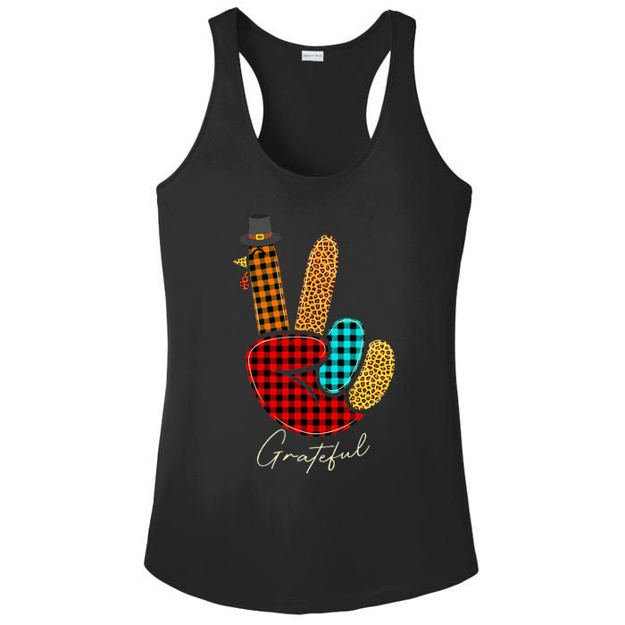 Peace Love Turkey Grateful Turkey Hand Sign Thanksgiving Ladies PosiCharge Competitor Racerback Tank