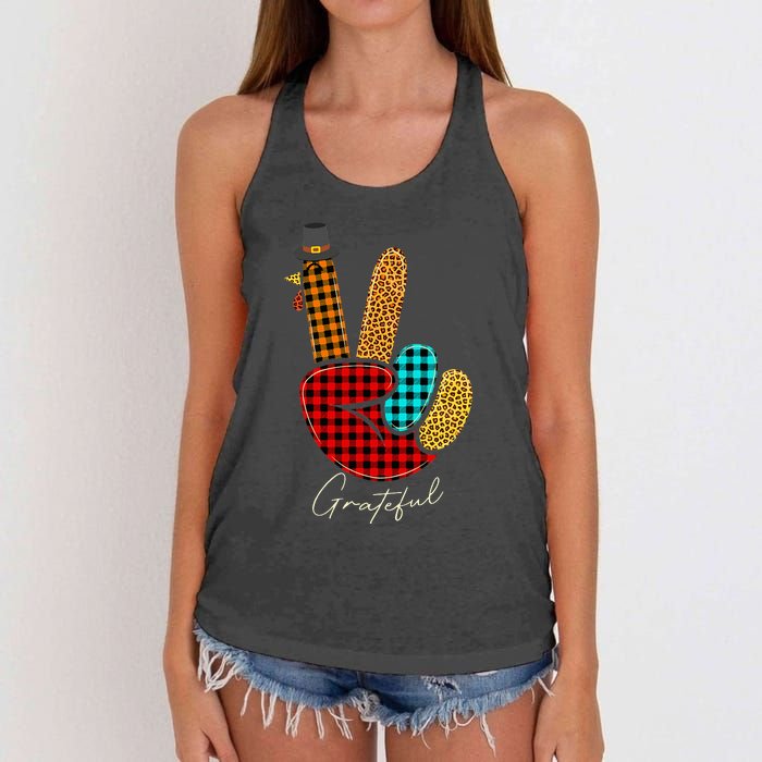 Peace Love Turkey Grateful Turkey Hand Sign Thanksgiving Women's Knotted Racerback Tank