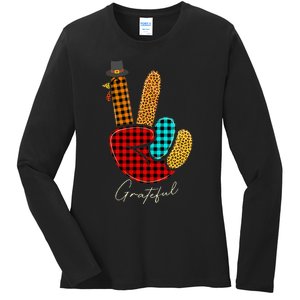 Peace Love Turkey Grateful Turkey Hand Sign Thanksgiving Ladies Long Sleeve Shirt