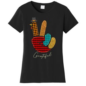 Peace Love Turkey Grateful Turkey Hand Sign Thanksgiving Women's T-Shirt