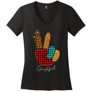 Peace Love Turkey Grateful Turkey Hand Sign Thanksgiving Women's V-Neck T-Shirt