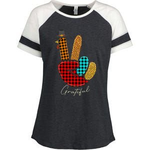 Peace Love Turkey Grateful Turkey Hand Sign Thanksgiving Enza Ladies Jersey Colorblock Tee