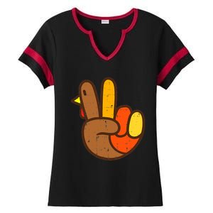 Peace Love Turkey Grateful Turkey Hand Sign Thanksgiving Ladies Halftime Notch Neck Tee