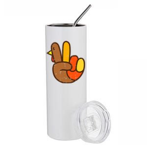 Peace Love Turkey Grateful Turkey Hand Sign Thanksgiving Stainless Steel Tumbler