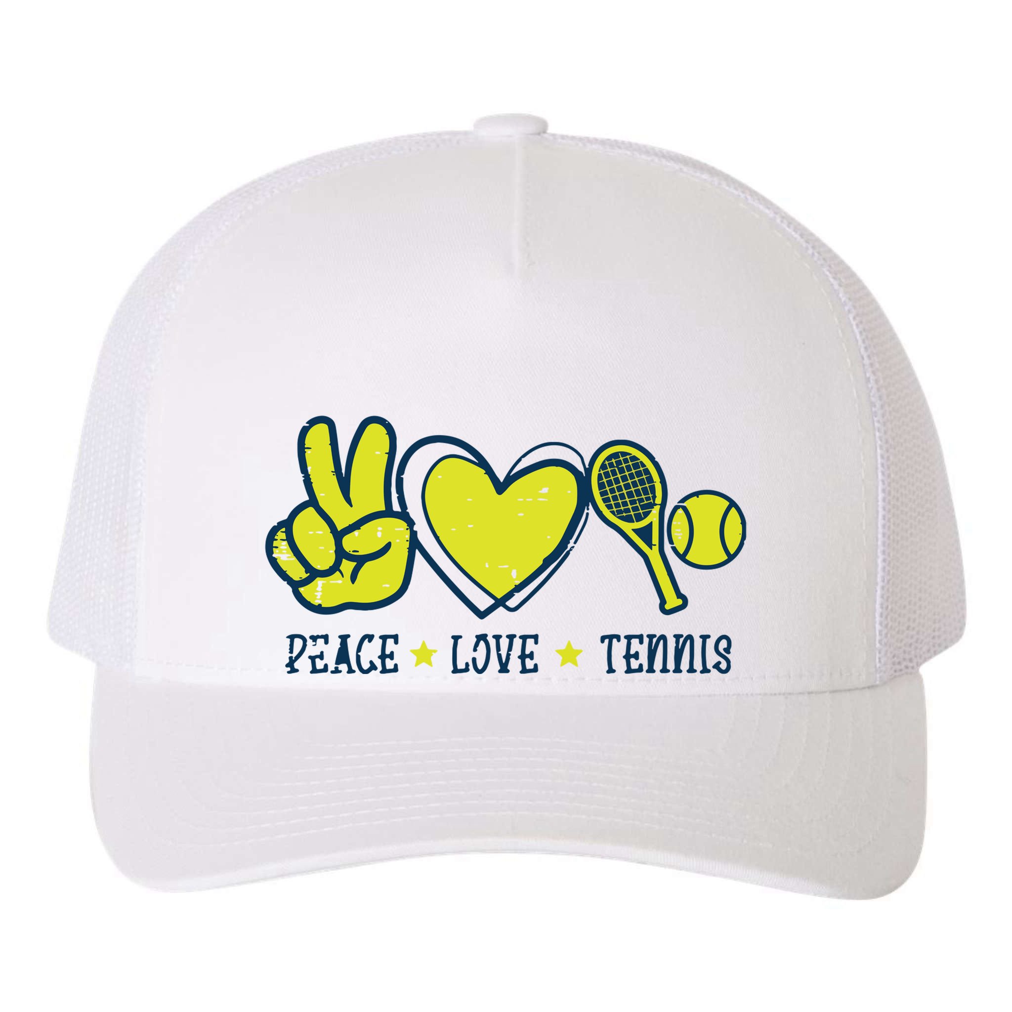 Peace Love Tennis Cool Player Coach Hippie Yupoong Adult 5-Panel Trucker Hat