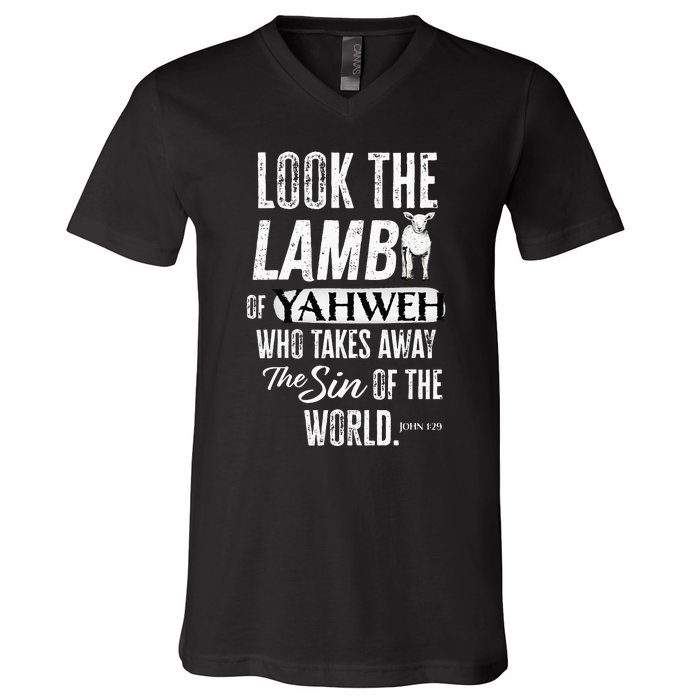 Passover Look the Lamb of Yahweh Yeshua Messianic Hebrew V-Neck T-Shirt